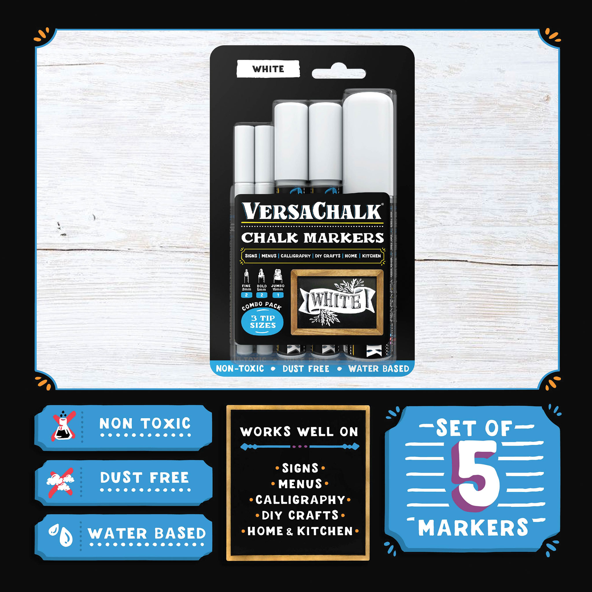 VersaChalk Liquid Chalk Markers - Set of 5, White, Assorted Sizes