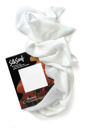 Jacquard Silk Scarf - Loose white silk scarf shown next to single package