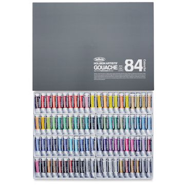 Open in modal - Holbein Artists' Gouache-Complete Set of 84 assorted colors, 15 ml. Inner tray of tubes, lid above.