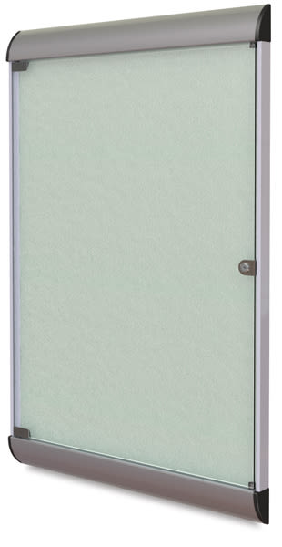 Ghent Enclosed Tackboard-right angle with metal frame, locking glass door shown in Silver color