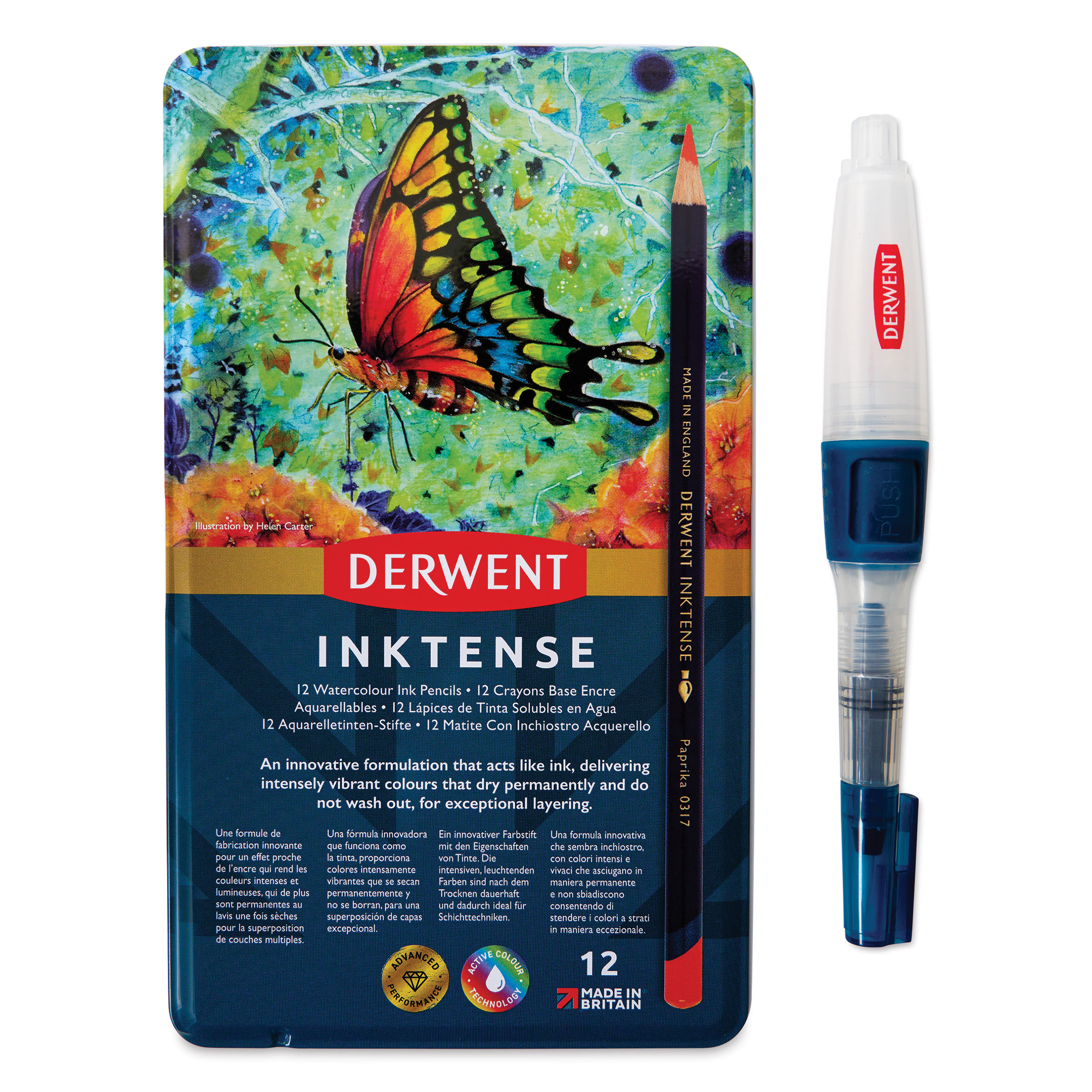 Derwent Inktense Pencils, front of the Tin Box Set of 12 with push button waterbrush