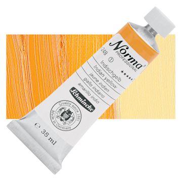 Open in modal - Schmincke Norma Professional Oil Paint - Indian Yellow, 35 ml, Tube and swatch