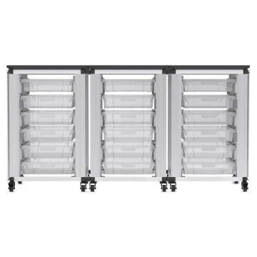 Modular Storage Cabinet, front view of the 3 side-by-side module with 18 small bins.
