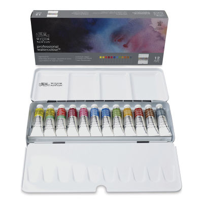Winsor & Newton Professional Watercolor - Travel Tin, Set of 12, Assorted Colors, Tubes (Open set shown with packaging)