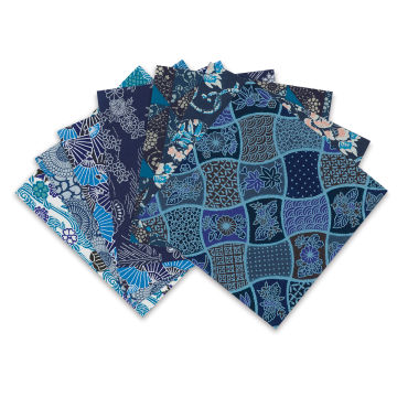 Aitoh Aizome Chiyogami Washi Origami Paper - Blue patterned sheets arranged in fan
