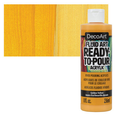 DecoArt Fluid Art Ready-To-Pour Acrylic - Golden Yellow, 8 oz Bottle with swatch