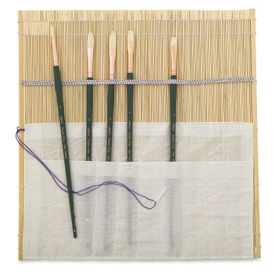 Natural Bamboo Brush Mat - Unrolled showing pockets for brushes and tie cord. Brushes not included.