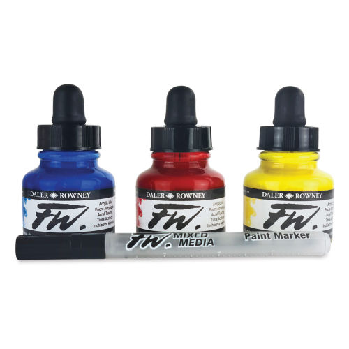 FW Acrylic Ink Primary Colors Set of 6 with Empty Marker