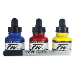 Daler-Rowney FW Acrylic Water-Resistant Artists Ink - 1 oz, Starter Colors, Set of 3 (three bottles of ink and an empty marker)