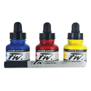 Daler-Rowney FW Acrylic Water-Resistant Artists Ink - 1 oz, Starter Colors, Set of 3 (three bottles of ink and an empty marker)