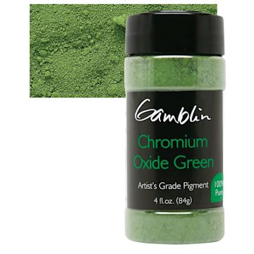 Open in modal - Gamblin Artist's Grade Pigment - Chromium Oxide Green, 4 oz bottle and swatch