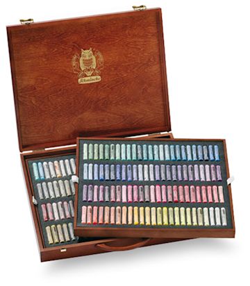 Open in modal - Schmincke Soft Pastels and Sets - 200 pc set shown in double tiered wooden storage box