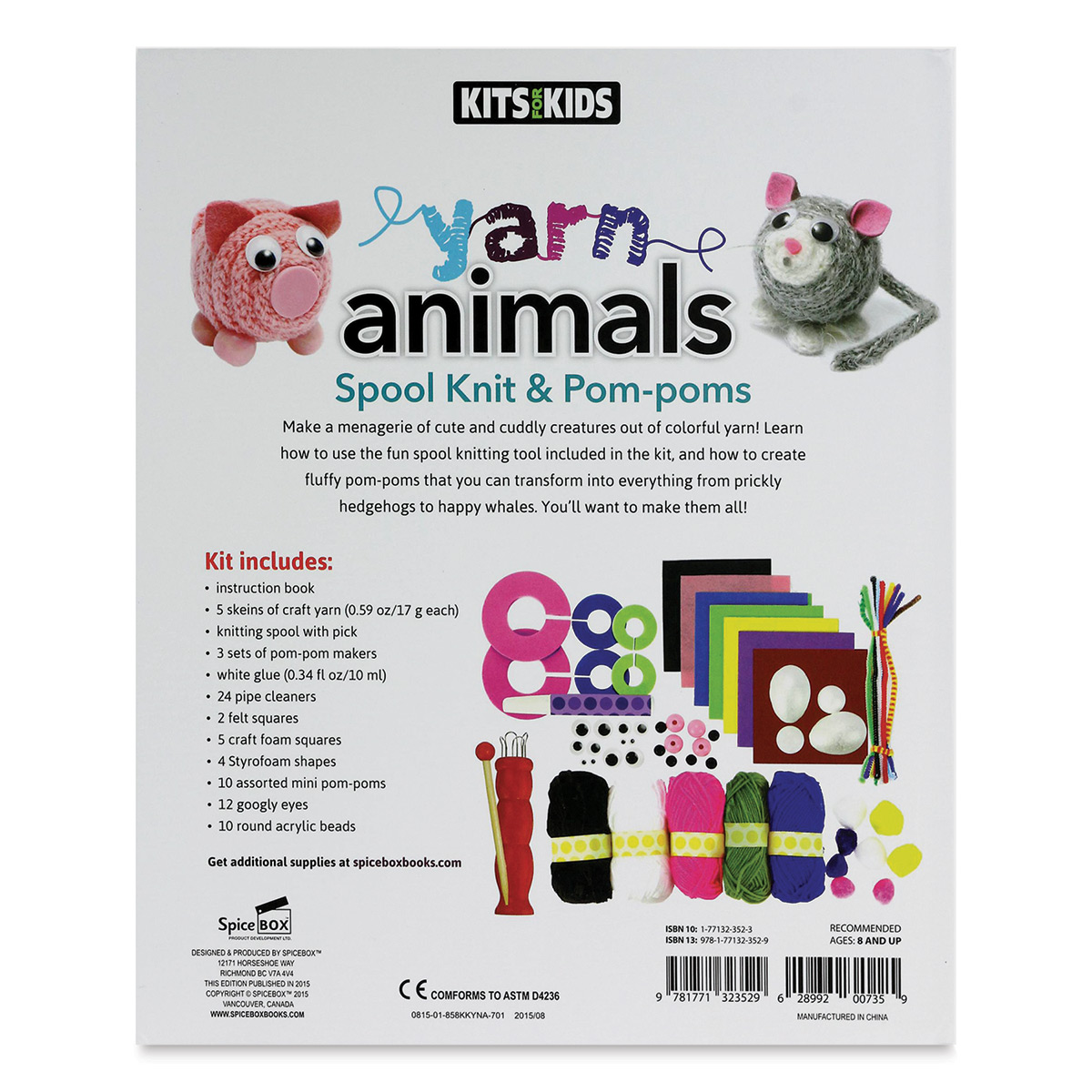 SpiceBox Kits for Kids Spool Knit and Pom Poms Yarn Animals