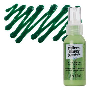 Gallery Glass Paint - Shimmer Green, 2 oz swatch with bottle