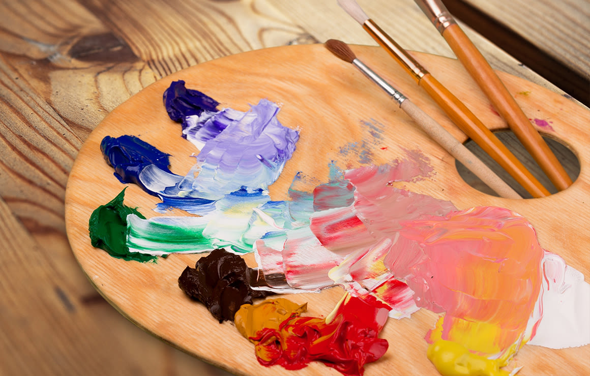 Artist paint palette with brush, art materials - Stock