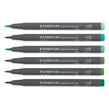 Staedtler Pigment Arts Brush Pens - Greens and Turquoises, Set of 6 pens laid out with caps off