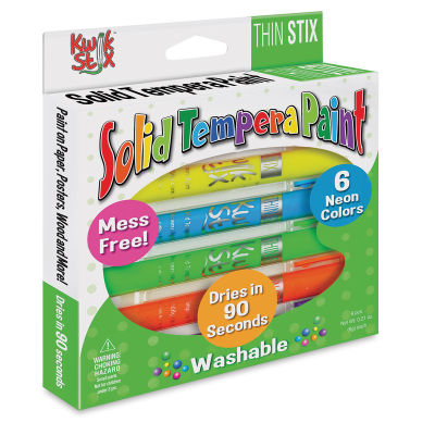 Kwik Stix Tempera Paint -Thin Stix, Neon Colors, Set of 6 (In packaging, Angled view)