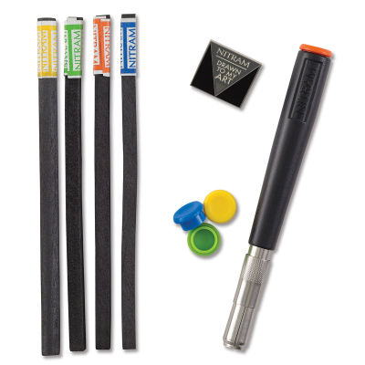 Nitram Stylus and Soft Charcoal Sticks - Set of 4 Charcoal sticks, Stylus and color coded caps shown