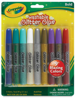 Crayola Washable Glitter Glue - Front of blister package of set of 9 colors shown