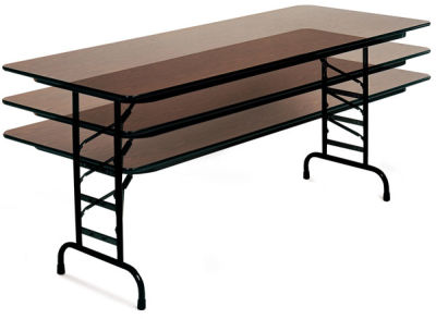 Correll Melamine Folding Tables - Motion shot illustrating adjustable heights
