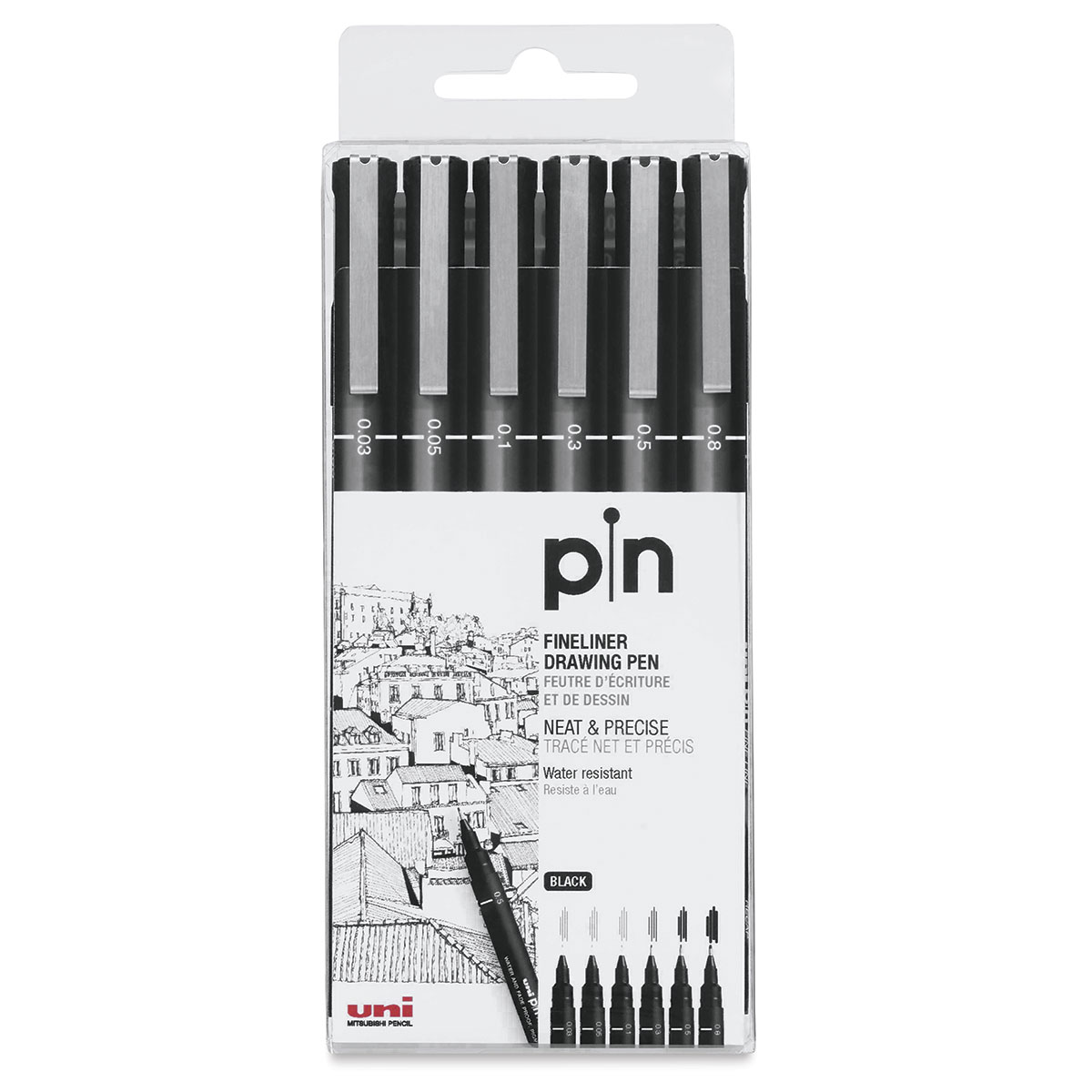 Uni Pin Fineliner Drawing Pen - Complete Set of 9 Grades - Black Ink