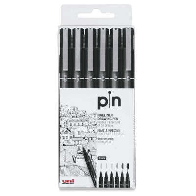 Uni Pin Fine Liner Pen Sets - Front of package of set of 6 pens shown