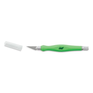 Open in modal - Excel Blades FitGrip Knife - Green Knife shown horizontally with cap removed