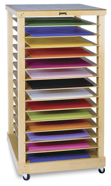 Jonti-Craft Paper Rack - Front view of rack with multi-colored papers loaded on each shelf
