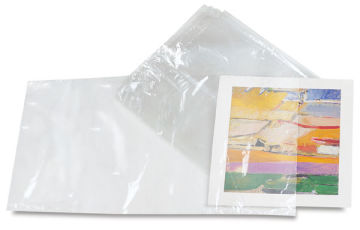 Mountex Archival Shrink Wrap Bags - Stack of Bags with one holding artwork
