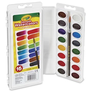 Open in modal - Crayola Educational Watercolor Pans - Oval, Set of 16 Assorted Colors, Pan, set open and closed