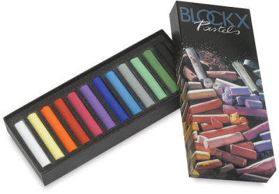 Blockx Soft Pastel Set - Top view of open package of 12 Colors, with lid adjacent