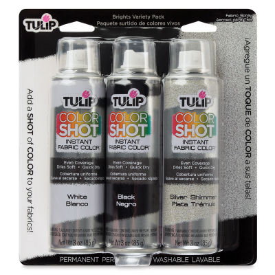 Tulip ColorShot Instant Fabric Color Spray - Front of blister package of 3 pc Essential Colors Set