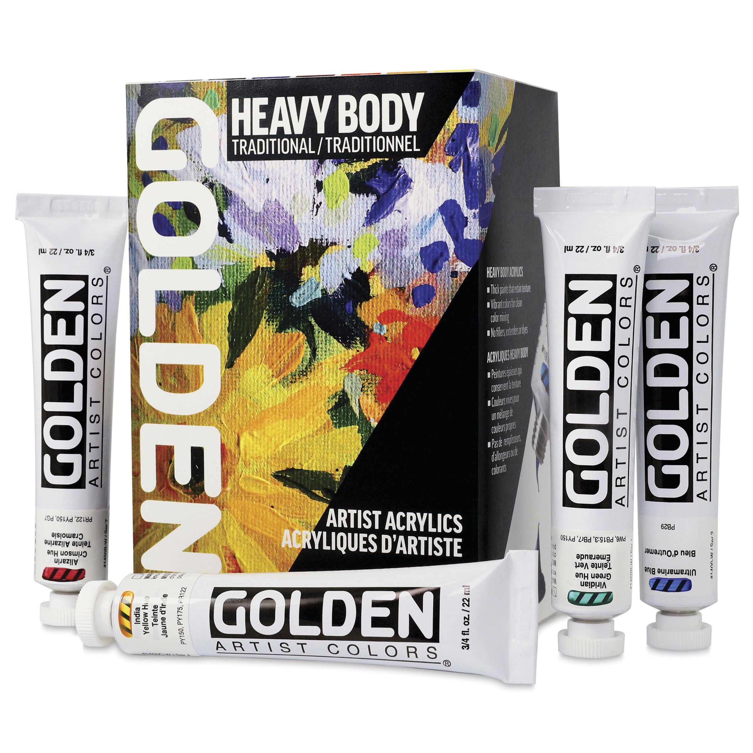 Golden Heavy Body Artist Acrylic Set - Traditional Set of 7 with 59 ml White and Gloss Glazing Liquid, 22 ml Tubes, tubes with packaging