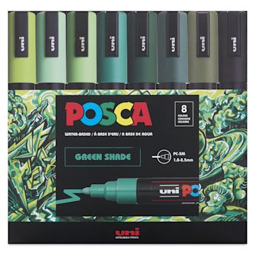 Open in modal - Posca Paint Markers - Set of 8, Green Shade Colors, Medium Bullet Tip, front of the packaging