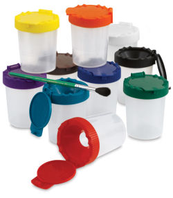 Sargent No-Spill Paint Cups -10 shown with one tipped over, and brush (not included) in one holder 