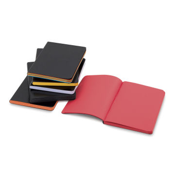 Shizen Faux Leather Journal - Stack of different color journals with Red Journal open showing pages