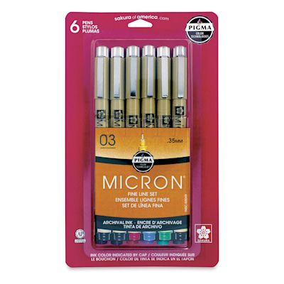 Sakura Pigma Micron Pens - Basic Colors, Size 03, Set Of 6 