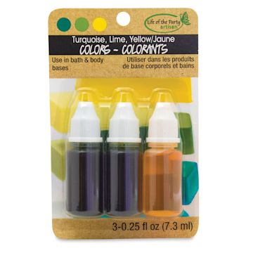 Open in modal - Life of the Party Soap Dyes - Blister package of Turquoise, Lime, and Yellow Dyes