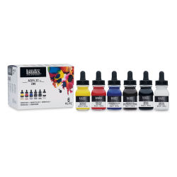 Liquitex Professional Acrylic Ink Set - Set of 6 Essential Ink Colors shown next to package