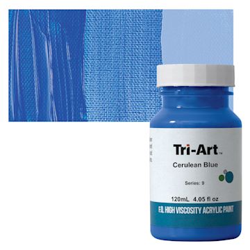 Open in modal - Tri-Art High Viscosity Artist Acrylic - Cerulean Blue, 120 ml jar and swatch