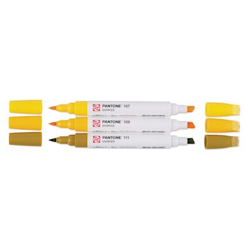 Open in modal - Pantone Dual Tip Markers - Yellow, Set of 3, markers laid out with caps off