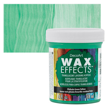 DecoArt Wax Effects Acrylic Paint - Phthalo Green Yellow, 4 oz Jar with swatch