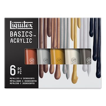 Open in modal - Liquitex Basics Acrylics - Set of 6 Metallic and Iridescent, 4 oz Tubes front of package