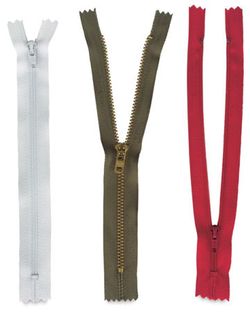 Zippers - White, Green, and Red Zippers shown upright
