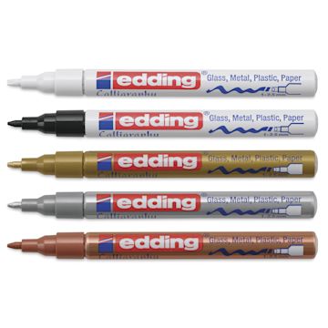 Open in modal - Edding Gloss Paint Markers - Metallic Colors, Set of 5, Calligraphy Nib, 1-5 mm, lai dout with caps off
