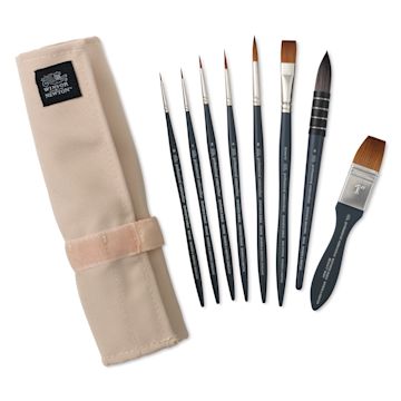 Open in modal - Winsor & Newton Professional Watercolor Synthetic Sable Brushes - Set of 8, Canvas Roll Up and brushes laid out