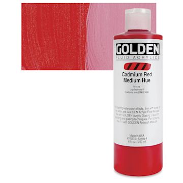 Open in modal - Golden Fluid Acrylic - Cadmium Red Medium Hue, 8 oz bottle and swatch