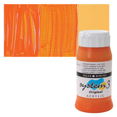Daler-Rowney System 3 Acrylics - Cadmium Orange Light, 500 ml, bottle with swatch