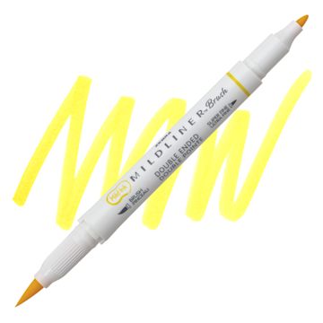 Open in modal - Zebra Mildliner Double Ended Brush Pen - Lemon Yellow, swatch and pen