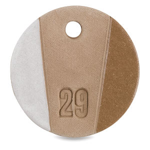 Amaco No. 29 Brown Stone Earthenware Clay - Disc showing White Glaze, Bisque, Clear Glaze on Clay